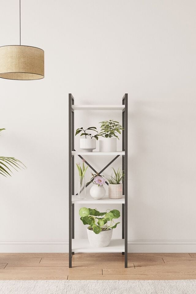 Mobitopya Nilamu Saksılık | 4 Raflı Metal Aksamlı Organizer | Ofis Ev Dekoratif 45×135×30 Cm Beyaz - Siyah Demir