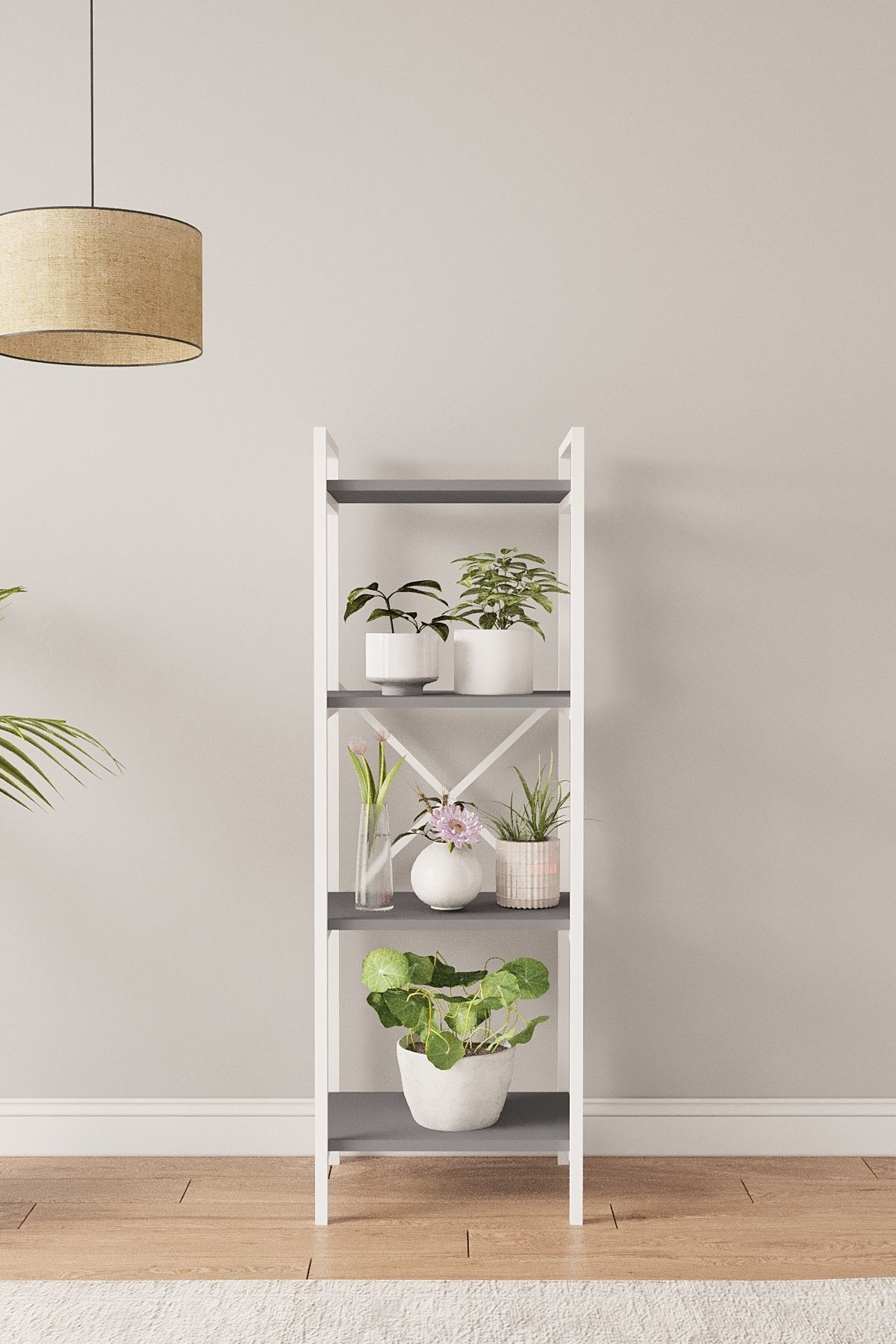 Mobitopya Nilamu Saksılık | 4 Raflı Metal Aksamlı Organizer | Ofis Ev Dekoratif 45×135×30 Cm Antrasit - Beyaz Demir