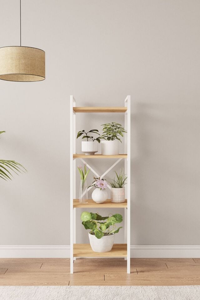 Mobitopya Nilamu Saksılık | 4 Raflı Metal Aksamlı Organizer | Ofis Ev Dekoratif 45×135×30 Cm Atlantik Çam - Beyaz Demir