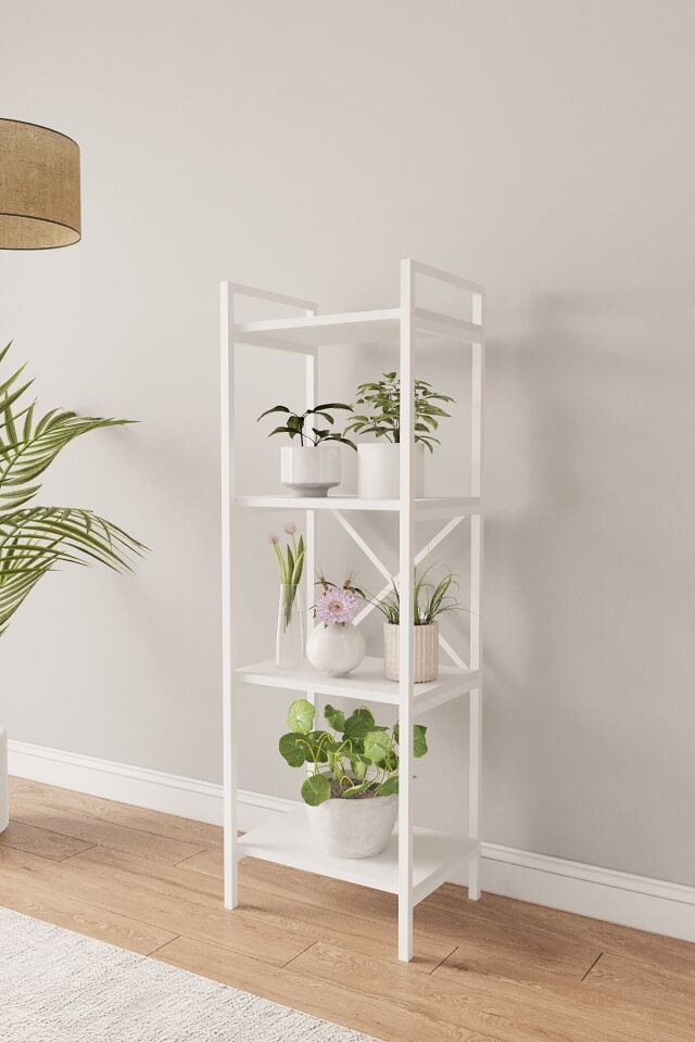 Mobitopya Nilamu Saksılık | 4 Raflı Metal Aksamlı Organizer | Ofis Ev Dekoratif 45×135×30 Cm Beyaz - Beyaz Demir
