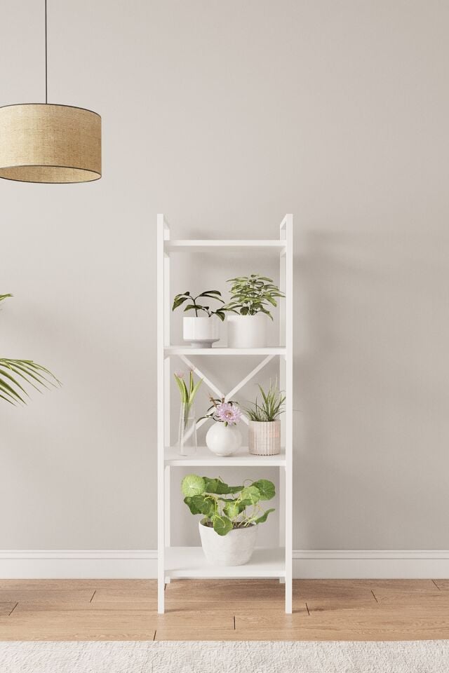 Mobitopya Nilamu Saksılık | 4 Raflı Metal Aksamlı Organizer | Ofis Ev Dekoratif 45×135×30 Cm Beyaz - Beyaz Demir