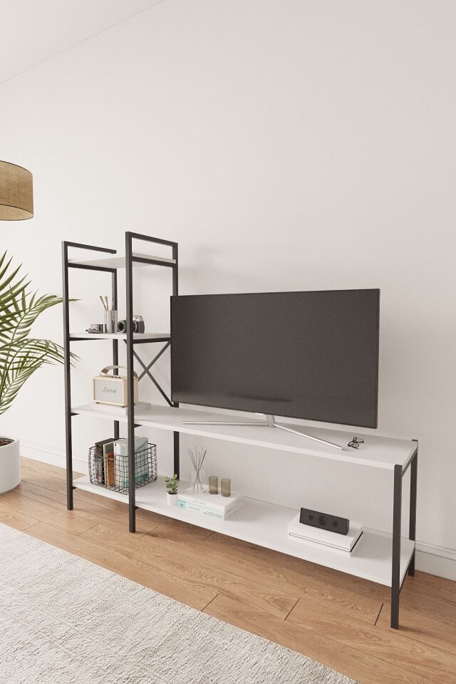 Mobitopya Nilamu Tv Ünitesi | Açık Raflı Tv Sehpası Ve Çok Amaçlı Düzenleyici Raf 150×135×30 Cm Beyaz - Siyah Demir