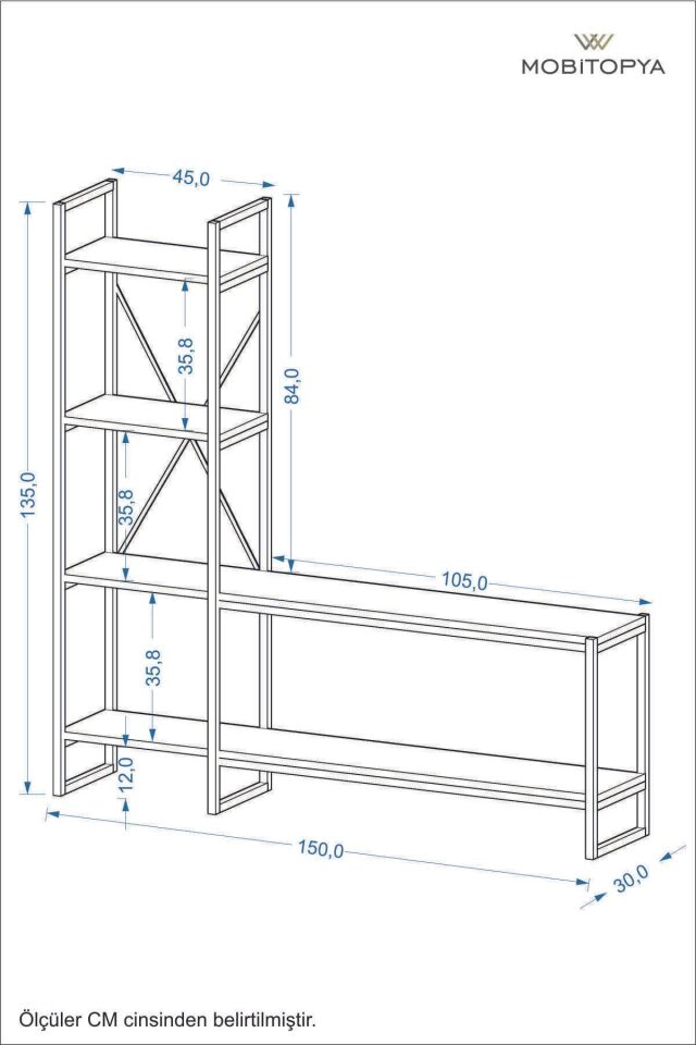 Mobitopya Nilamu Tv Ünitesi | Açık Raflı Tv Sehpası Ve Çok Amaçlı Düzenleyici Raf 150×135×30 Cm Beyaz - Siyah Demir