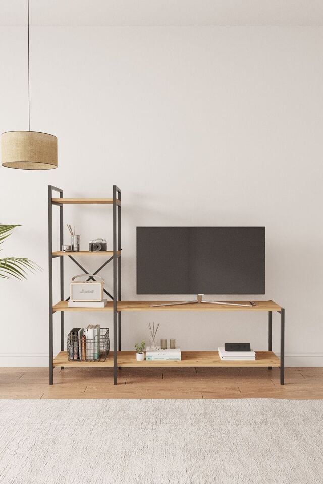 Mobitopya Nilamu Tv Ünitesi | Açık Raflı Tv Sehpası Ve Çok Amaçlı Düzenleyici Raf 150×135×30 Cm Atlantik Çam - Siyah Demir