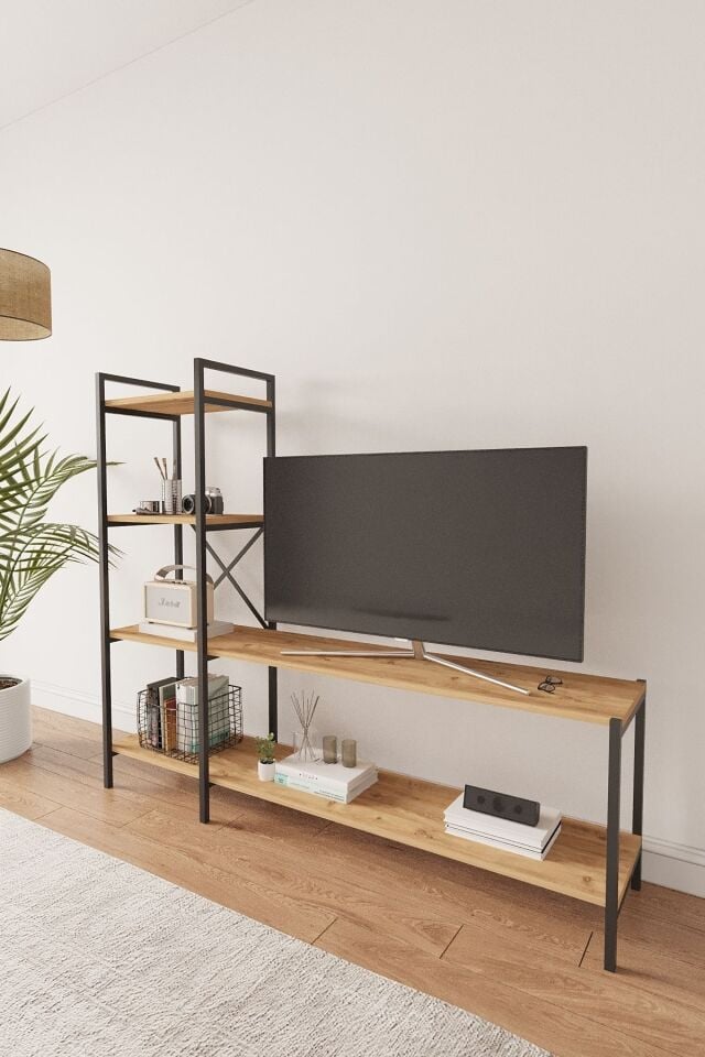 Mobitopya Nilamu Tv Ünitesi | Açık Raflı Tv Sehpası Ve Çok Amaçlı Düzenleyici Raf 150×135×30 Cm Atlantik Çam - Siyah Demir