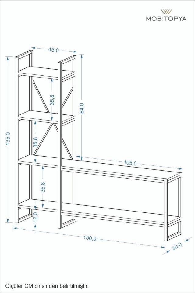 Mobitopya Nilamu Tv Ünitesi | Açık Raflı Tv Sehpası Ve Çok Amaçlı Düzenleyici Raf 150×135×30 Cm Atlantik Çam - Siyah Demir