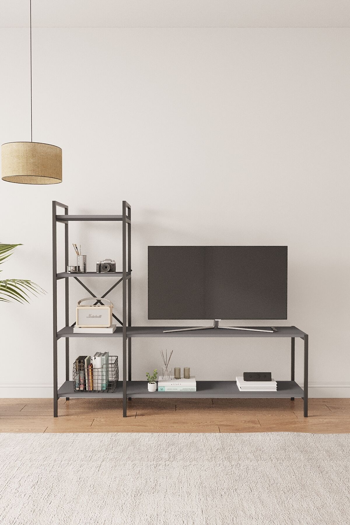 Mobitopya Nilamu Tv Ünitesi | Açık Raflı Tv Sehpası Ve Çok Amaçlı Düzenleyici Raf 150×135×30 Cm Antrasit