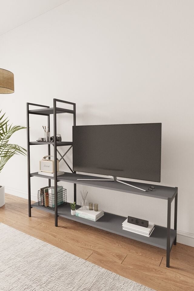 Mobitopya Nilamu Tv Ünitesi | Açık Raflı Tv Sehpası Ve Çok Amaçlı Düzenleyici Raf 150×135×30 Cm Antrasit