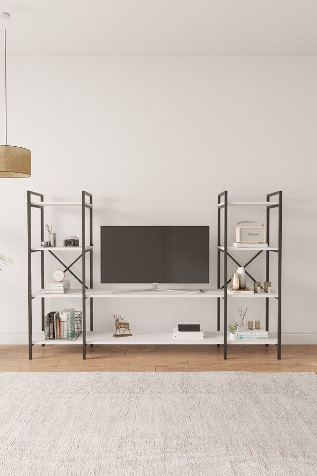 Mobitopya Nilamu | Çok Amaçlı TV Ünitesi & Kitaplık Ofis, Salon ve Ev İçin Şık Tasarım 200x135x30 cm Beyaz - Siyah Demir
