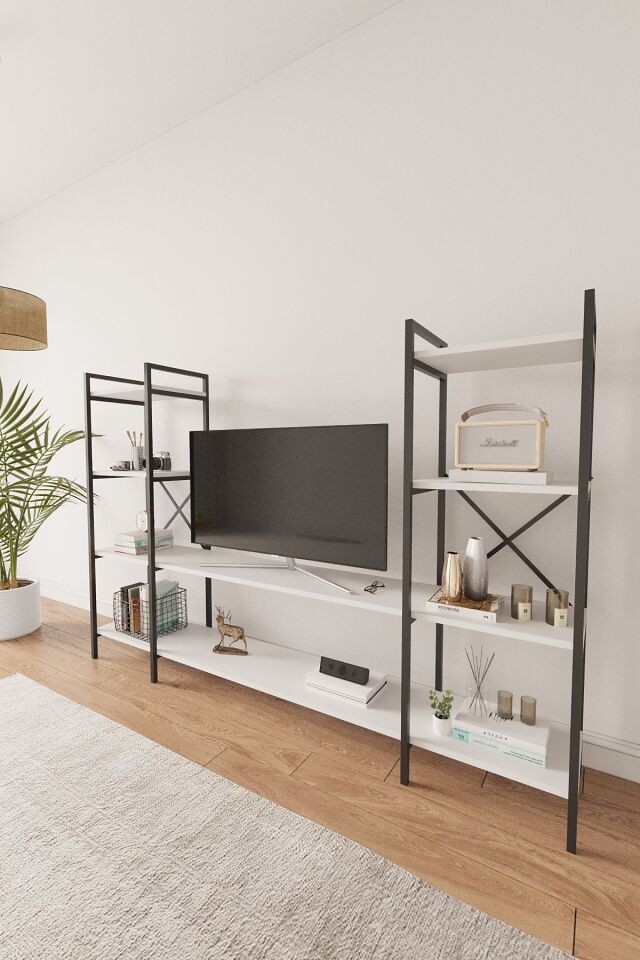 Mobitopya Nilamu | Çok Amaçlı TV Ünitesi & Kitaplık Ofis, Salon ve Ev İçin Şık Tasarım 200x135x30 cm Beyaz - Siyah Demir