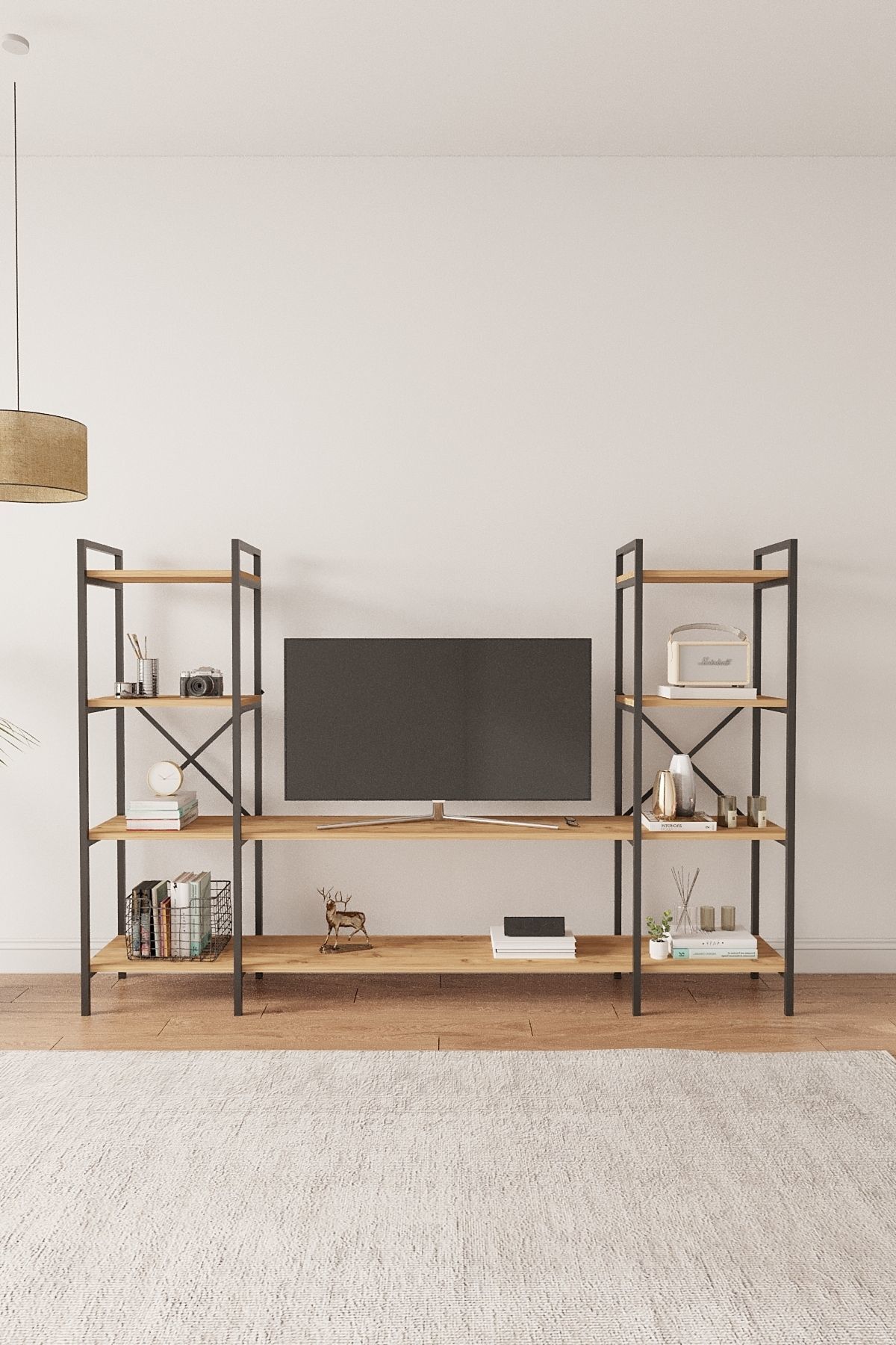 Mobitopya Nilamu | Çok Amaçlı TV Ünitesi & Kitaplık Ofis, Salon ve Ev İçin Şık Tasarım 200x135x30 cm - Atlantik Çam - Siyah Demir