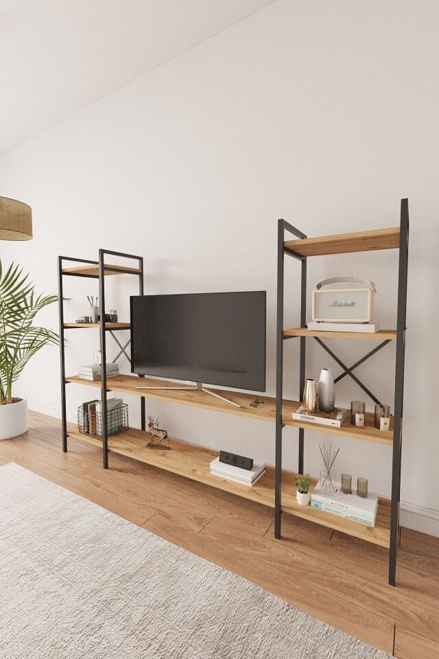 Mobitopya Nilamu | Çok Amaçlı TV Ünitesi & Kitaplık Ofis, Salon ve Ev İçin Şık Tasarım 200x135x30 cm - Atlantik Çam - Siyah Demir