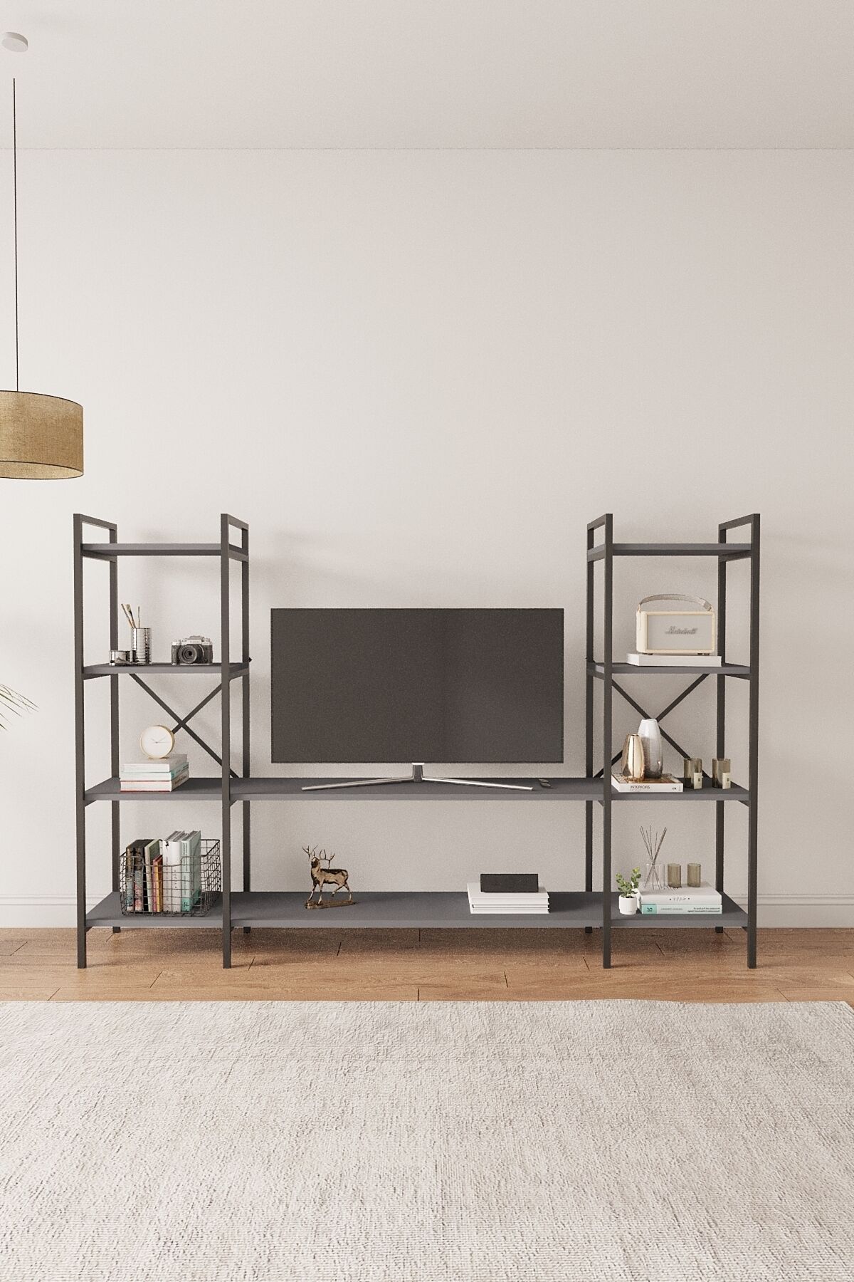 Mobitopya Nilamu | Çok Amaçlı TV Ünitesi & Kitaplık Ofis, Salon ve Ev İçin Şık Tasarım 200x135x30 cm Antrasit - Siyah Demir