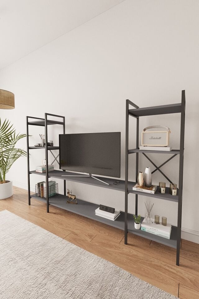 Mobitopya Nilamu | Çok Amaçlı TV Ünitesi & Kitaplık Ofis, Salon ve Ev İçin Şık Tasarım 200x135x30 cm Antrasit - Siyah Demir