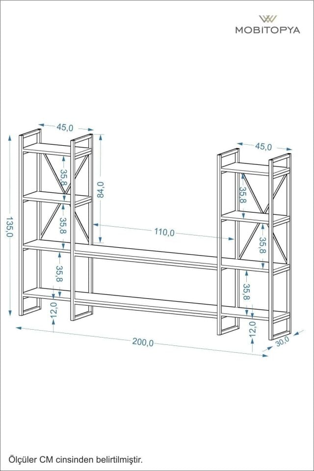 Mobitopya Nilamu | Çok Amaçlı TV Ünitesi & Kitaplık Ofis, Salon ve Ev İçin Şık Tasarım 200x135x30 cm Antrasit - Siyah Demir
