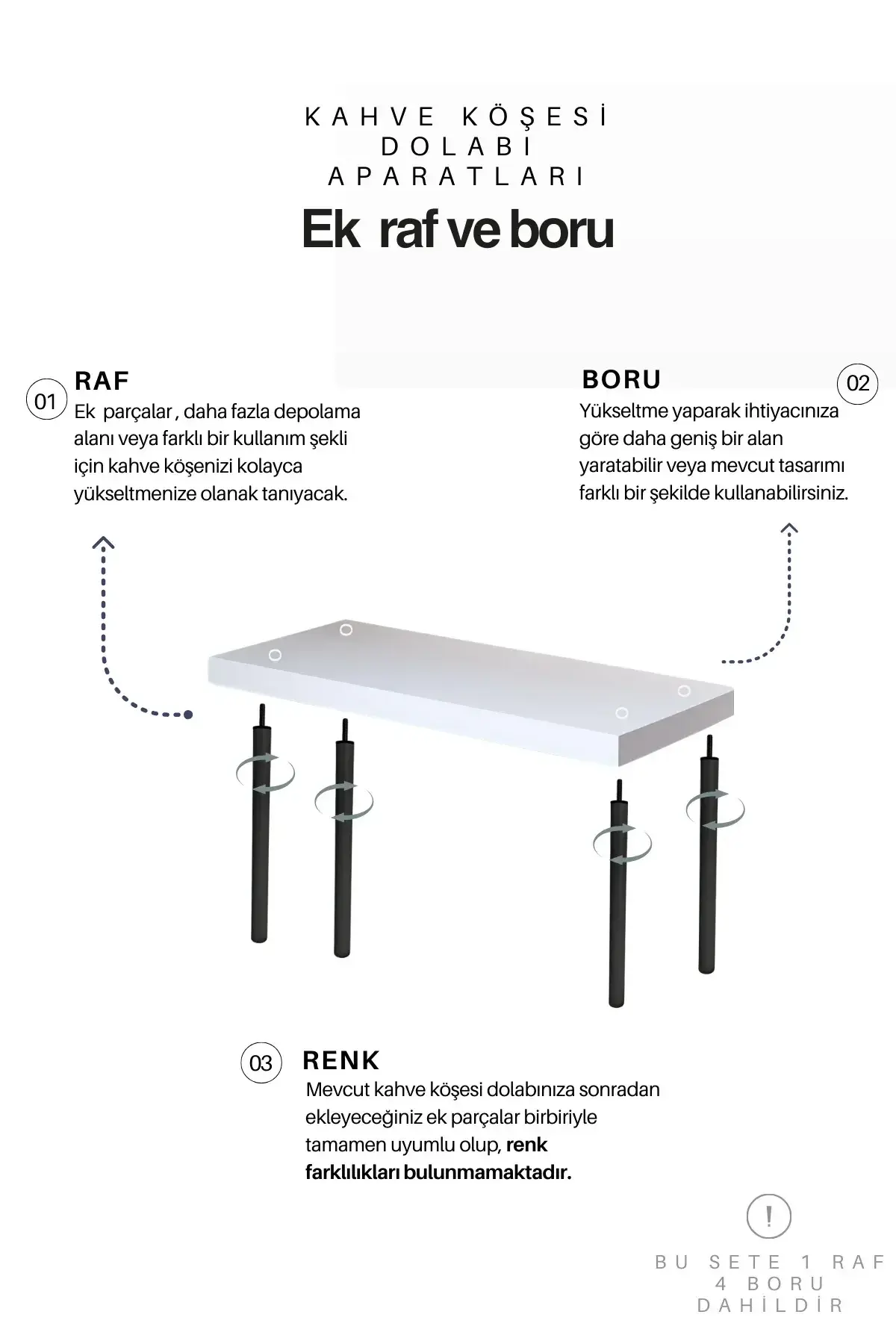 EK 1 RAF VE 4 BORU Siyah Ayak Beyaz Raf