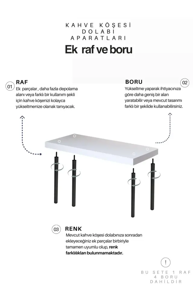 EK 1 RAF VE 4 BORU Siyah Ayak Beyaz Raf