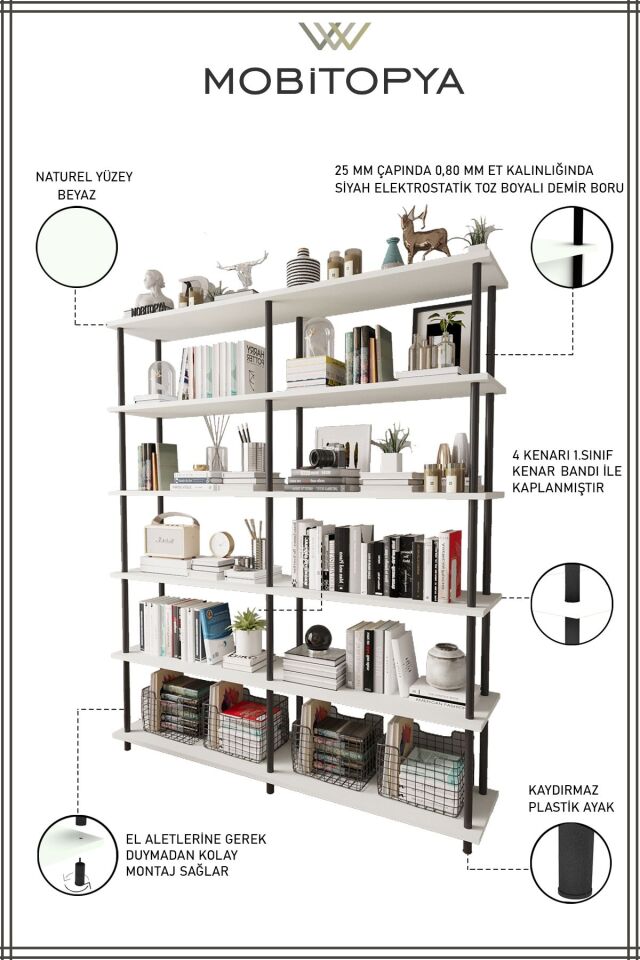 Mobitopya Çevir Kur 150 cm  Kitaplık | Modern, Fonksiyonel, Estetik Beyaz