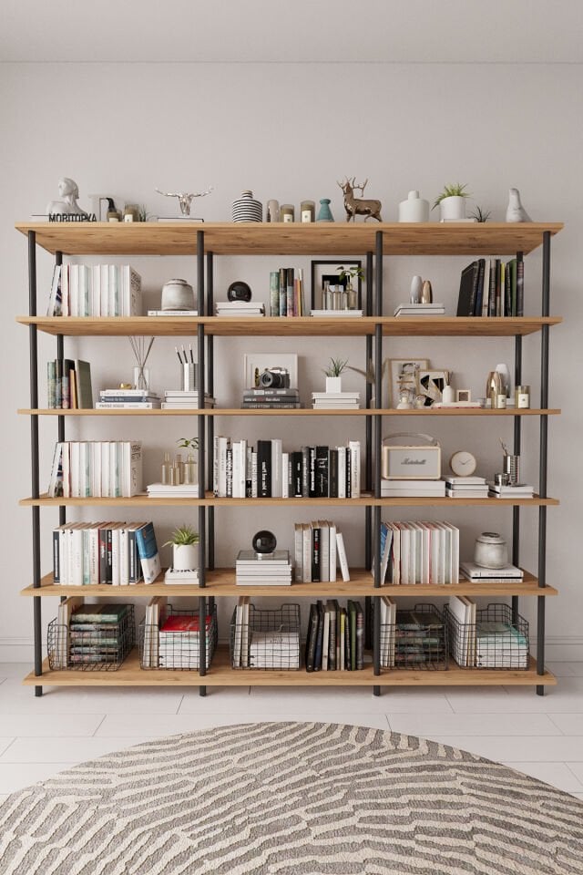 Mobitopya Çevir Kur 200 cm  Kitaplık | Modern, Fonksiyonel, Estetik Atlantik Çam - Siyah Demir