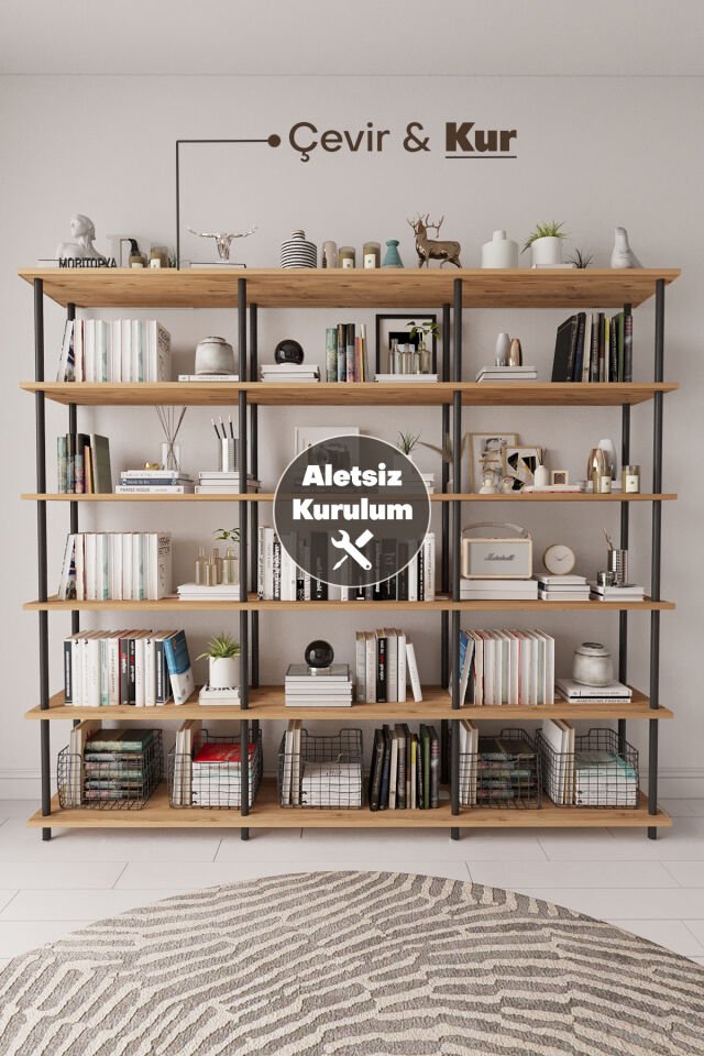 Mobitopya Çevir Kur 200 cm  Kitaplık | Modern, Fonksiyonel, Estetik Atlantik Çam - Siyah Demir