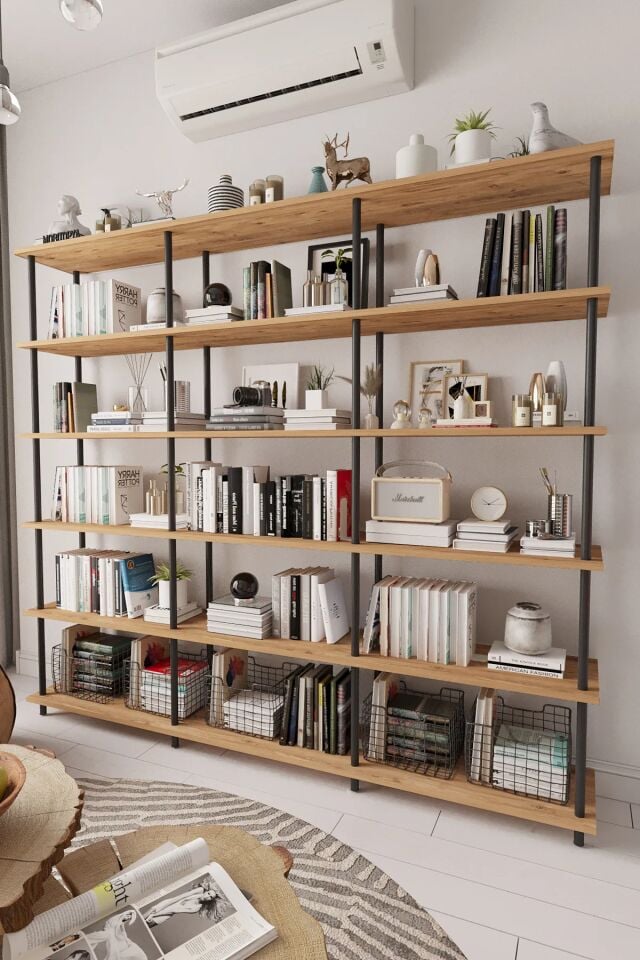 Mobitopya Çevir Kur 200 cm  Kitaplık | Modern, Fonksiyonel, Estetik Atlantik Çam - Siyah Demir