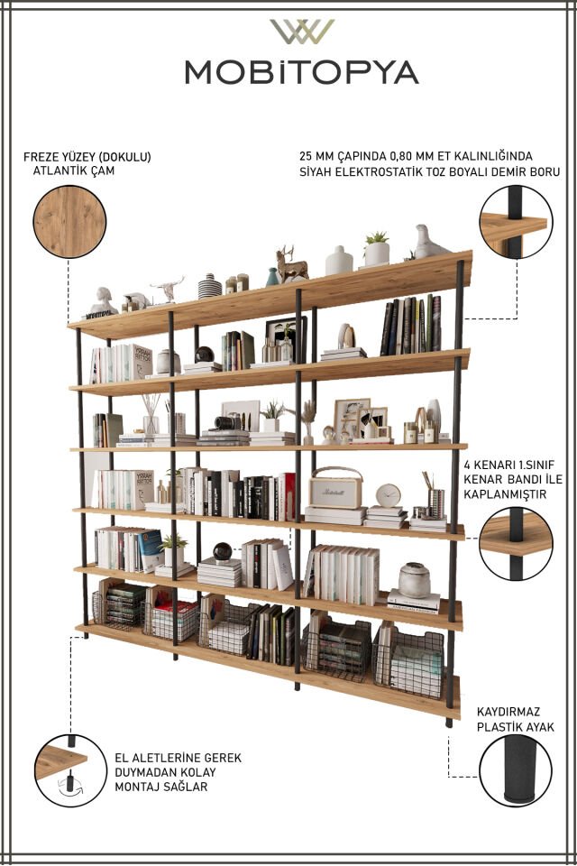 Mobitopya Çevir Kur 200 cm  Kitaplık | Modern, Fonksiyonel, Estetik Atlantik Çam - Siyah Demir