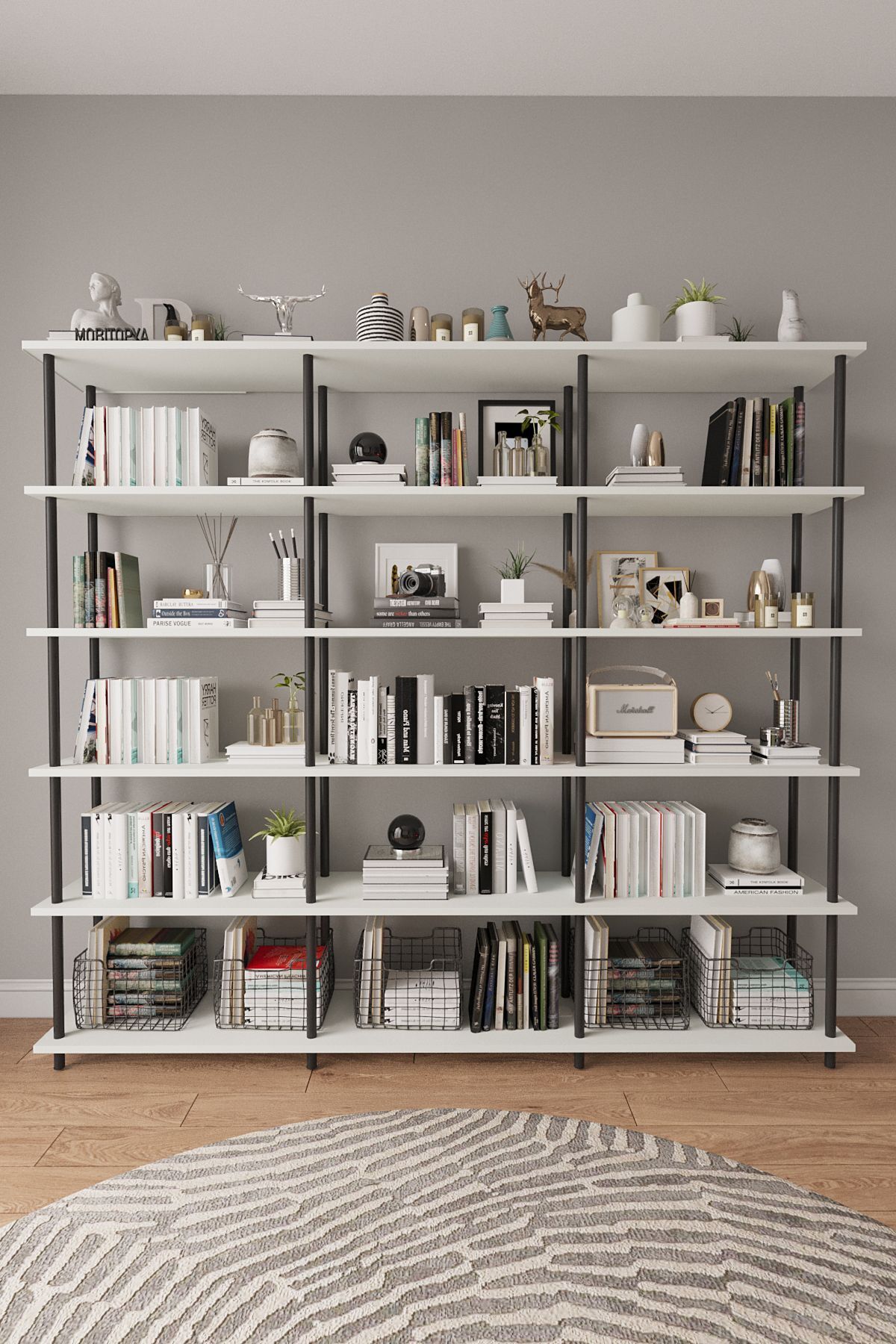 Mobitopya Çevir Kur 200 cm  Kitaplık | Modern, Fonksiyonel, Estetik Beyaz - Siyah Demir