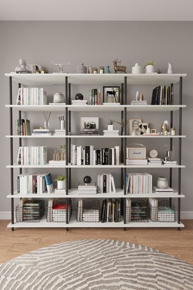 Mobitopya Çevir Kur 200 cm  Kitaplık | Modern, Fonksiyonel, Estetik Beyaz - Siyah Demir