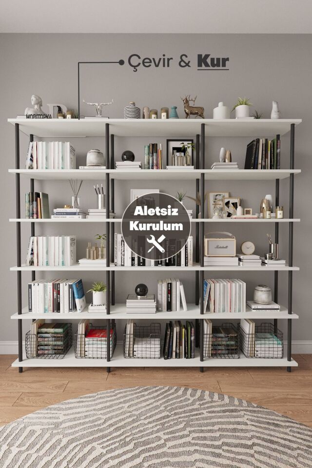 Mobitopya Çevir Kur 200 cm  Kitaplık | Modern, Fonksiyonel, Estetik Beyaz - Siyah Demir