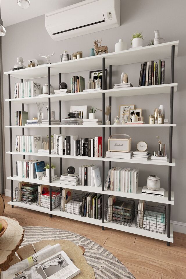 Mobitopya Çevir Kur 200 cm  Kitaplık | Modern, Fonksiyonel, Estetik Beyaz - Siyah Demir