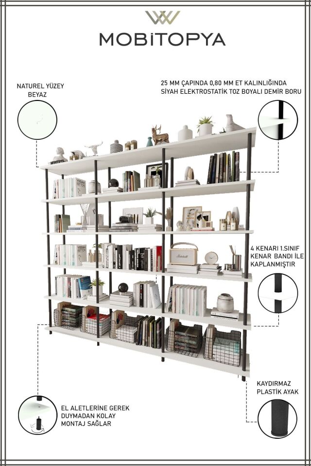 Mobitopya Çevir Kur 200 cm  Kitaplık | Modern, Fonksiyonel, Estetik Beyaz - Siyah Demir