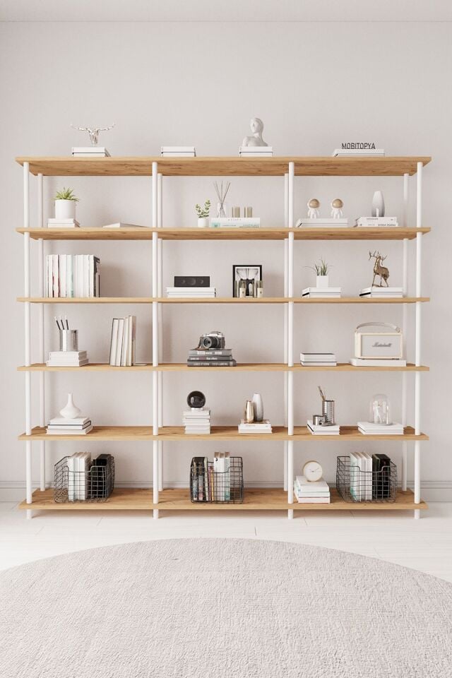 Mobitopya Çevir Kur 200 cm  Kitaplık | Modern, Fonksiyonel, Estetik Atlantik Çam - Beyaz Demir