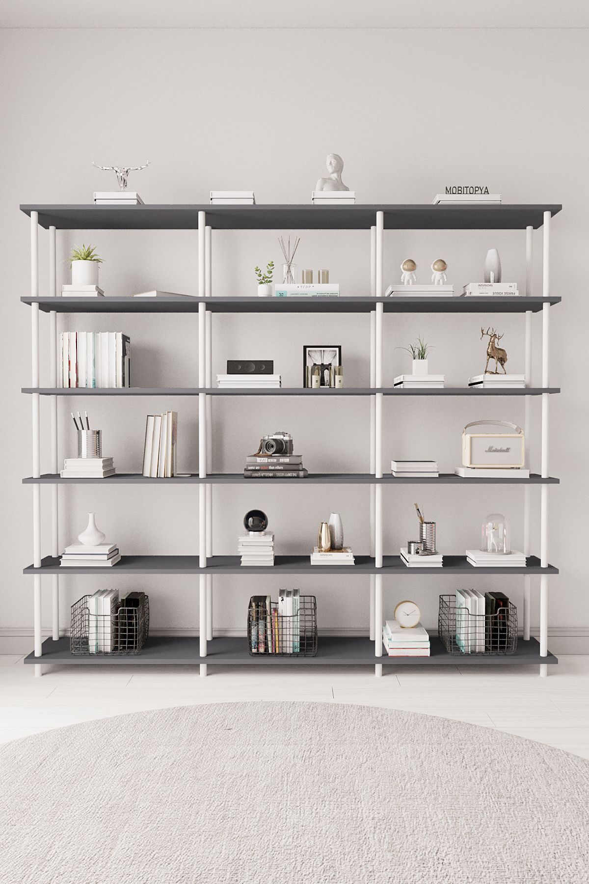 Mobitopya Çevir Kur 200 cm  Kitaplık | Modern, Fonksiyonel, Estetik Antrasit - Beyaz Demir