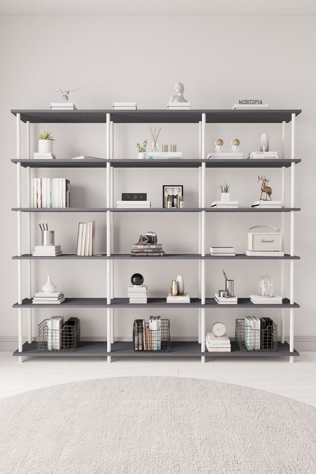 Mobitopya Çevir Kur 200 cm  Kitaplık | Modern, Fonksiyonel, Estetik Antrasit - Beyaz Demir