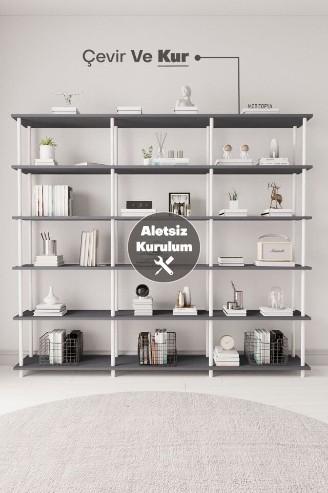 Mobitopya Çevir Kur 200 cm  Kitaplık | Modern, Fonksiyonel, Estetik Antrasit - Beyaz Demir