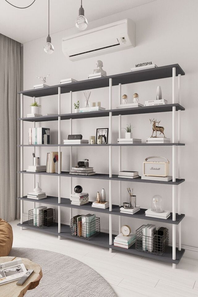 Mobitopya Çevir Kur 200 cm  Kitaplık | Modern, Fonksiyonel, Estetik Antrasit - Beyaz Demir