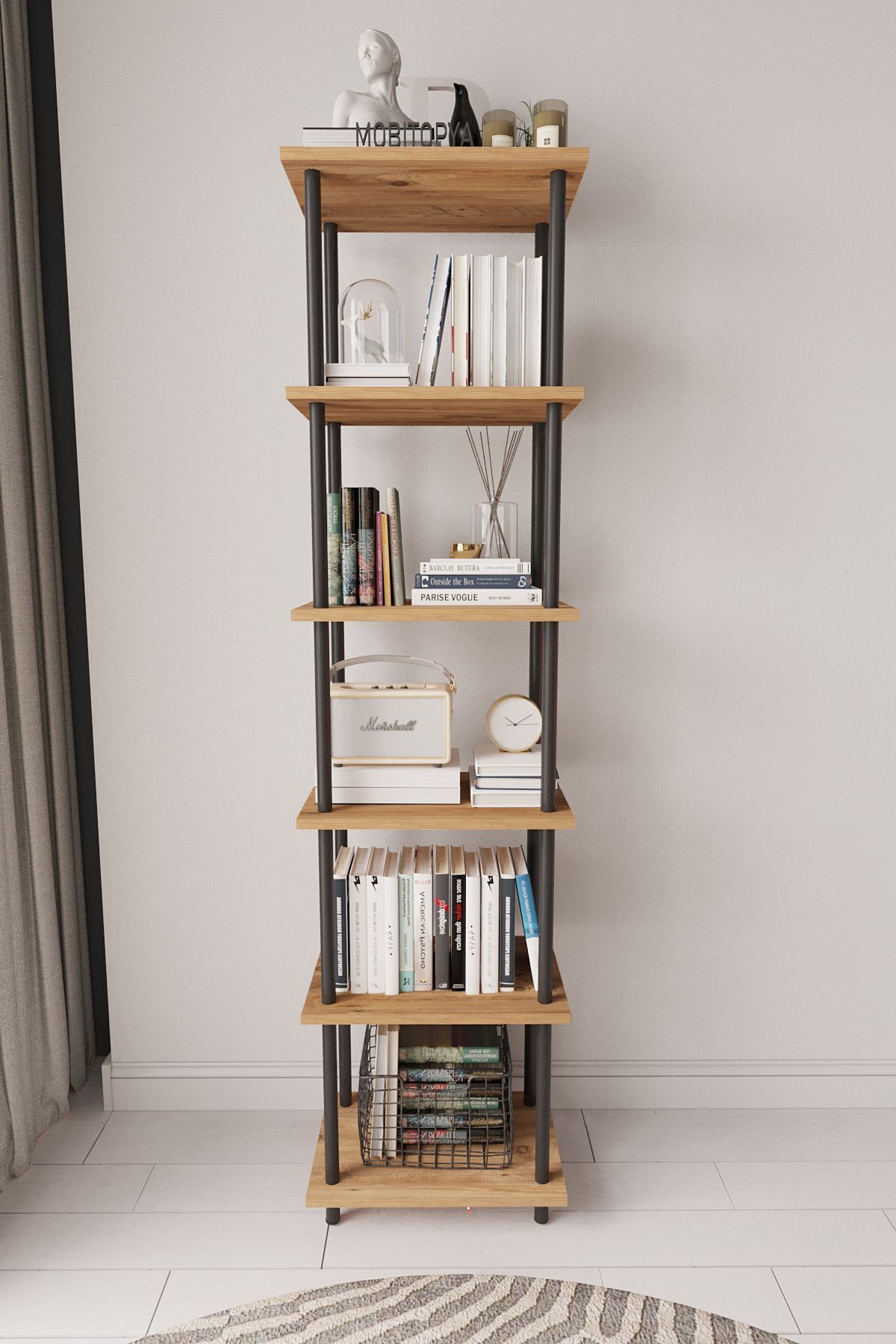 Mobitopya Çevir Kur 45 cm  Kitaplık | Modern, Fonksiyonel, Estetik Atlantik Çam - Siyah Demir