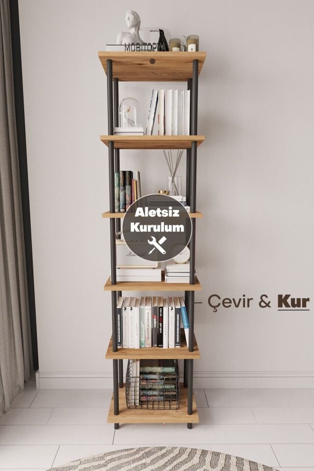 Mobitopya Çevir Kur 45 cm  Kitapık | Modern, Fonksiyonel, Estetik Atlantik Çam - Siyah Demir