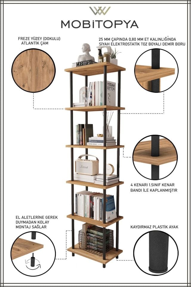 Mobitopya Çevir Kur 45 cm  Kitaplık | Modern, Fonksiyonel, Estetik Atlantik Çam - Siyah Demir