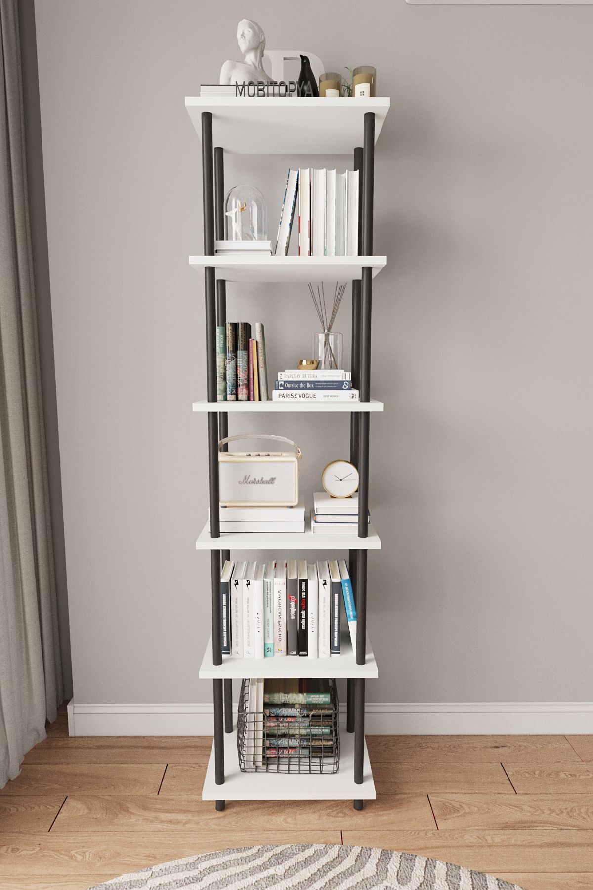Mobitopya Çevir Kur 45 cm  Kitaplık | Modern, Fonksiyonel, Estetik Beyaz - Siyah Demir