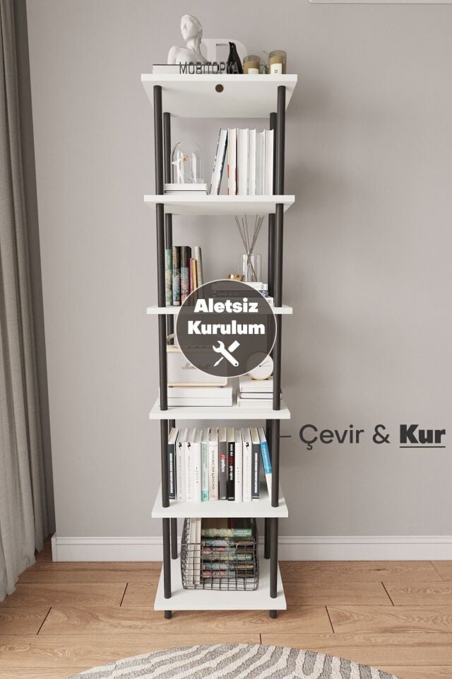 Mobitopya Çevir Kur 45 cm  Kitapık | Modern, Fonksiyonel, Estetik Beyaz - Siyah Demir
