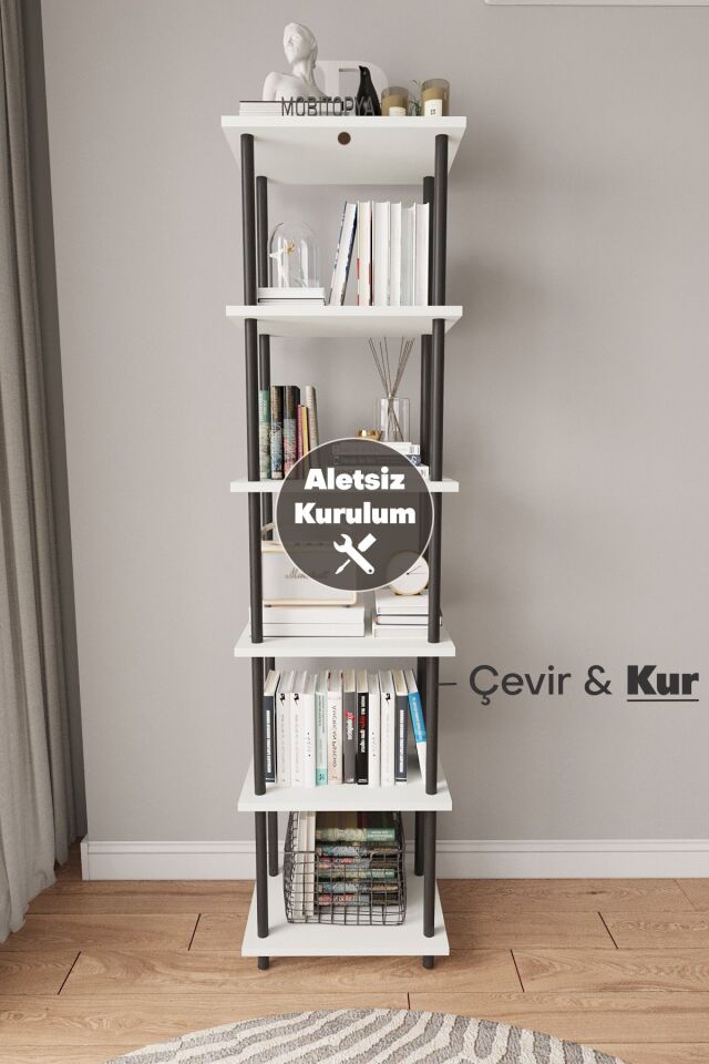 Mobitopya Çevir Kur 45 cm  Kitaplık | Modern, Fonksiyonel, Estetik Beyaz - Siyah Demir