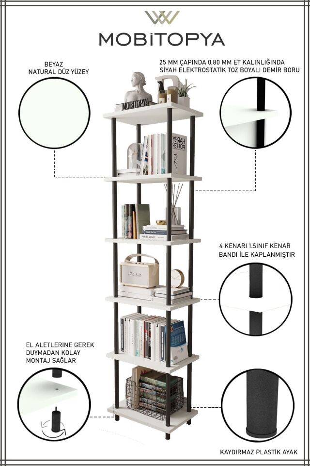 Mobitopya Çevir Kur 45 cm  Kitaplık | Modern, Fonksiyonel, Estetik Beyaz - Siyah Demir