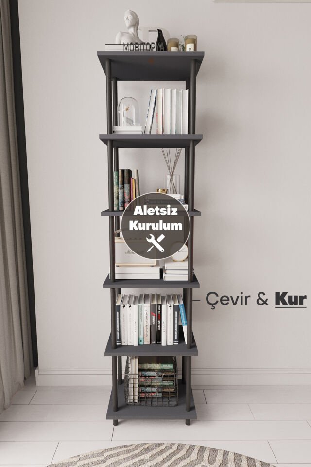 Mobitopya Çevir Kur 45 cm  Kitapık | Modern, Fonksiyonel, Estetik Antrasit - Siyah Demir
