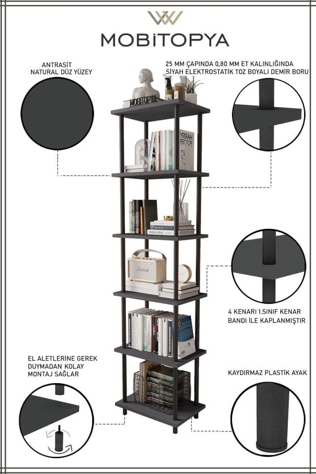 Mobitopya Çevir Kur 45 cm  Kitaplık | Modern, Fonksiyonel, Estetik Antrasit - Siyah Demir