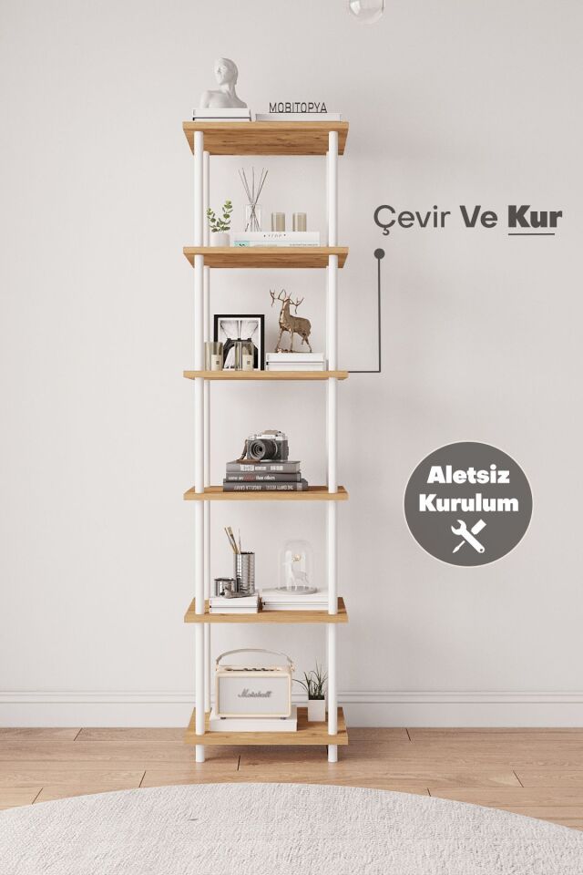 Mobitopya Çevir Kur 45 cm  Kitaplık | Modern, Fonksiyonel, Estetik Atlantik Çam - Beyaz Demir