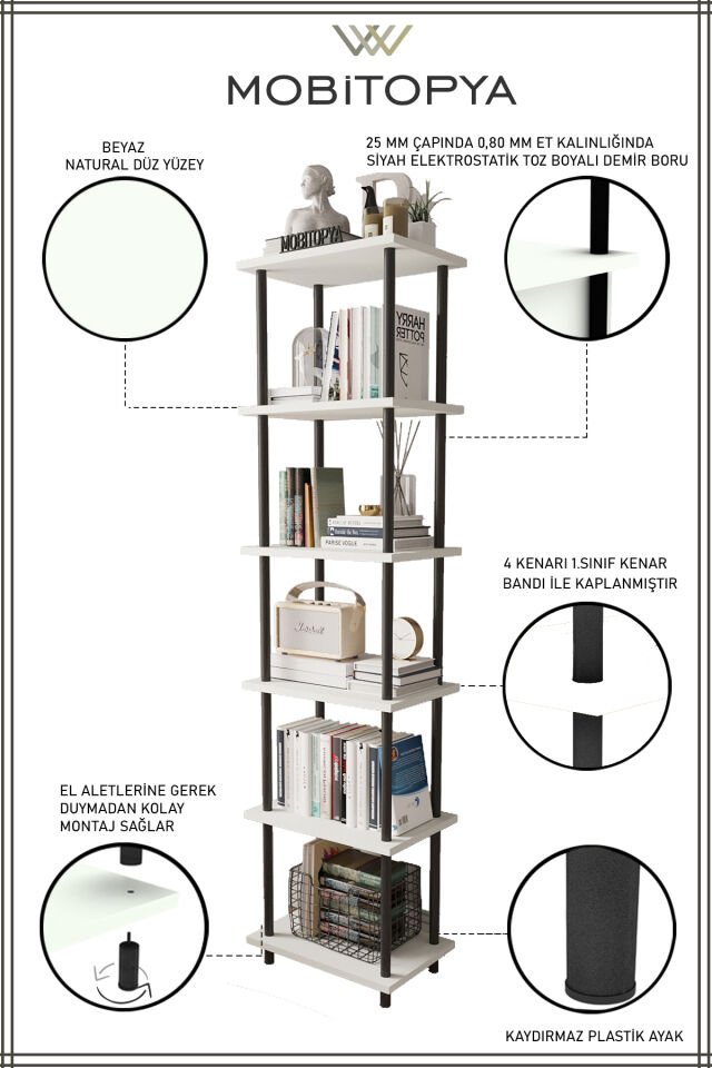 Mobitopya Çevir Kur 45 cm  Kitaplık | Modern, Fonksiyonel, Estetik Atlantik Çam - Beyaz Demir