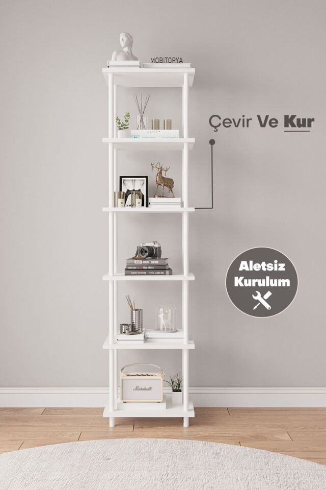 Mobitopya Çevir Kur 45 cm  Kitaplık | Modern, Fonksiyonel, Estetik Beyaz - Beyaz Demir