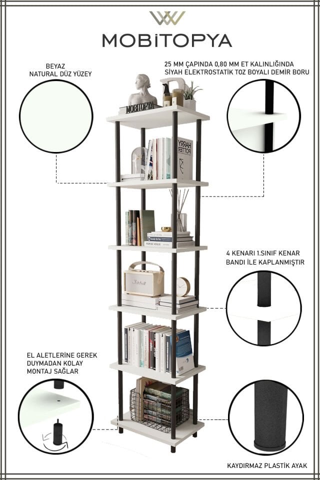 Mobitopya Çevir Kur 45 cm  Kitaplık | Modern, Fonksiyonel, Estetik Beyaz - Beyaz Demir
