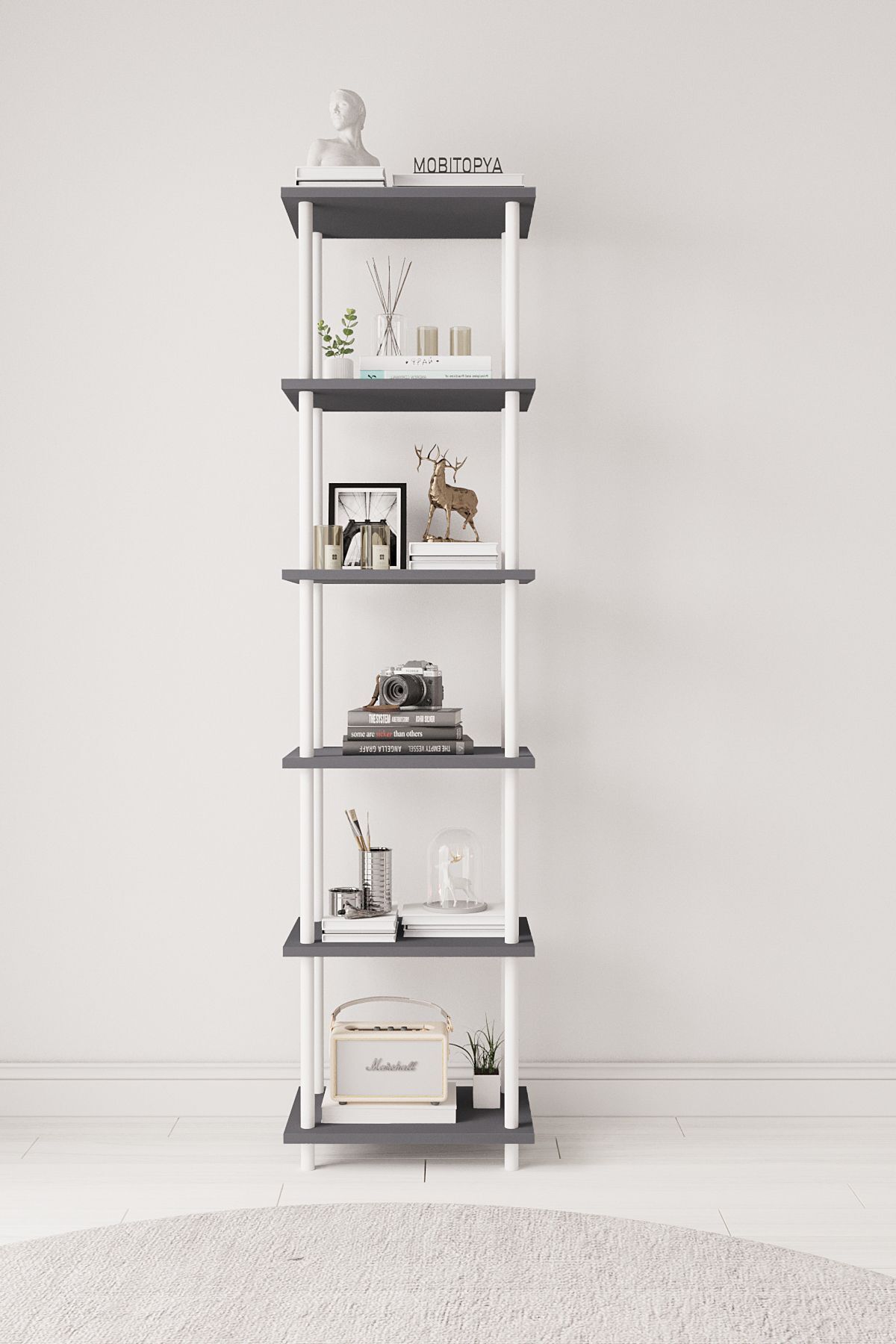 Mobitopya Çevir Kur 45 cm  Kitaplık | Modern, Fonksiyonel, Estetik Antrasit - Beyaz Demir